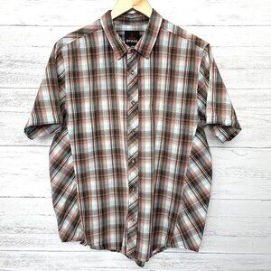 Prana Men's Brown and Blue Plaid Shirt Snap Front Short Sleeves size Medium